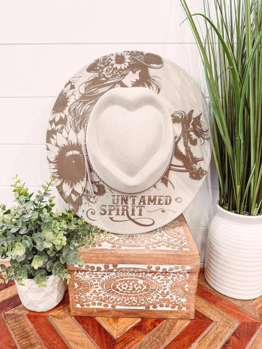 Untamed Spirit Engraved Heart Hat, Floral Engraved Cowboy Hat, Burned Fedora, Engraved Suede Hat, Boho Hat, Vegan Suede Cowboy Hat, Women's Cowboy Hat