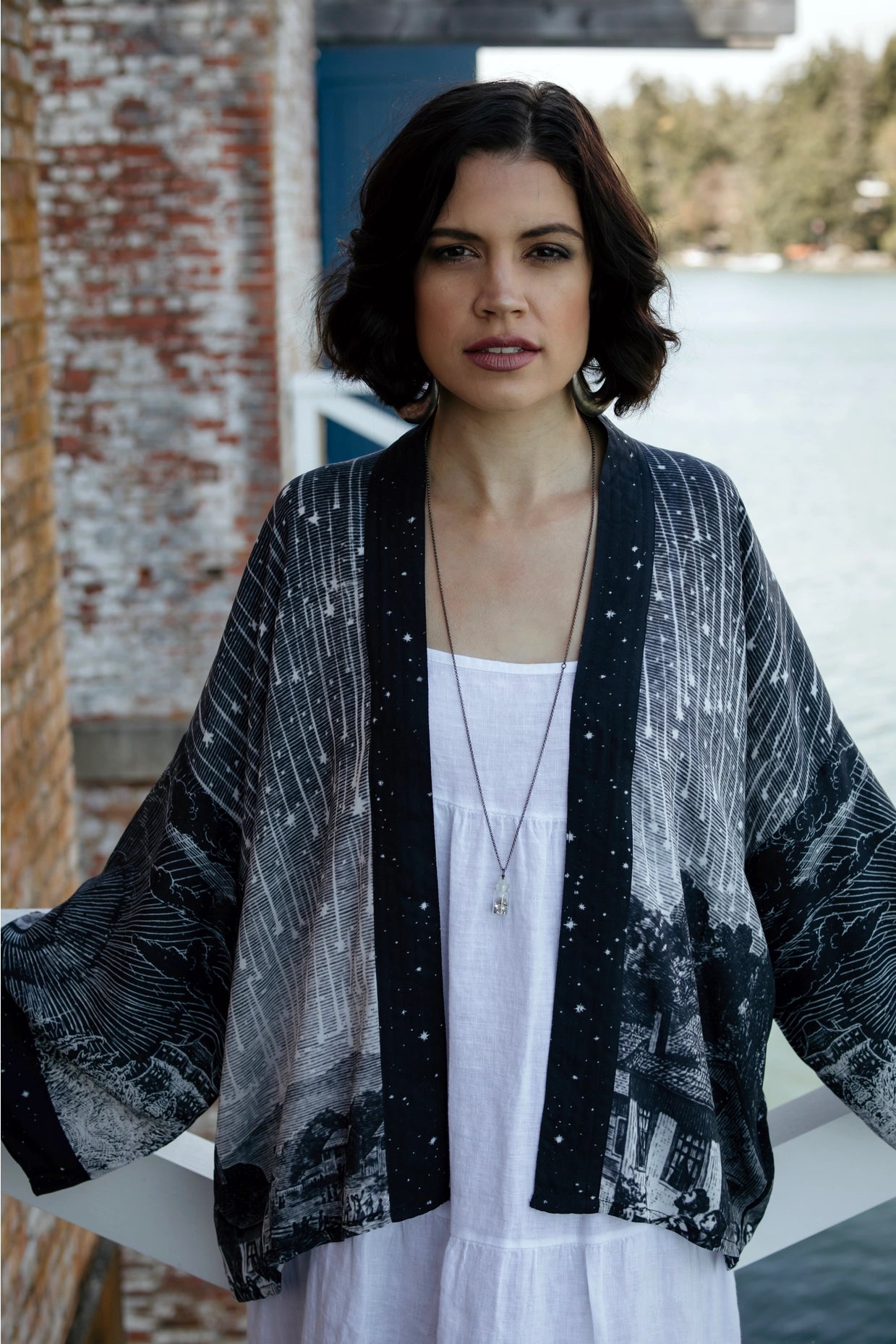 Market Of Stars Stargazer Cropped Bamboo Kimono Cardigan with Falling Stars