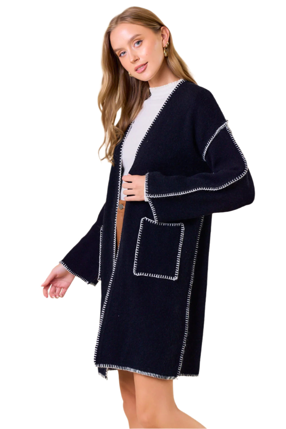 Blanket Stitched Long Sleeve Open Cardigan