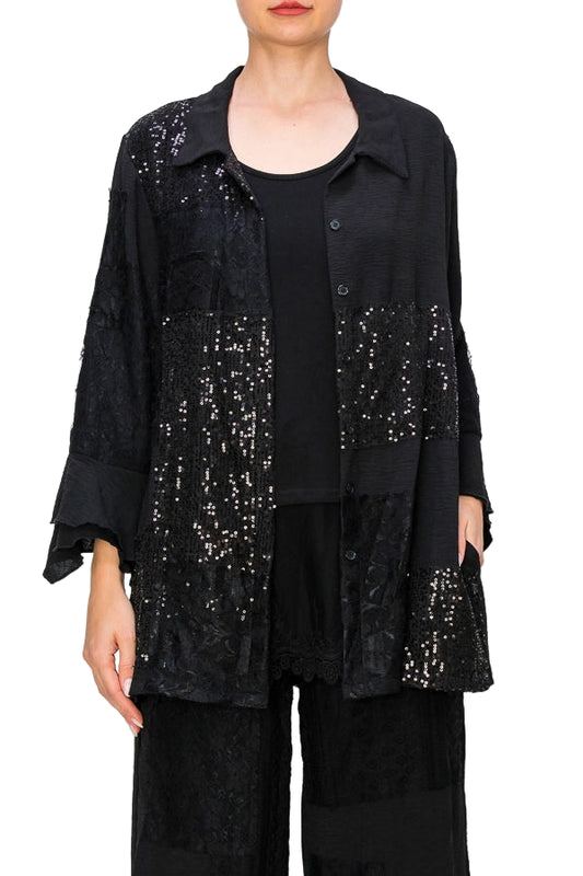 Lightweight Sequin and Lace Detailed Button Up Blouse - Ships Late September