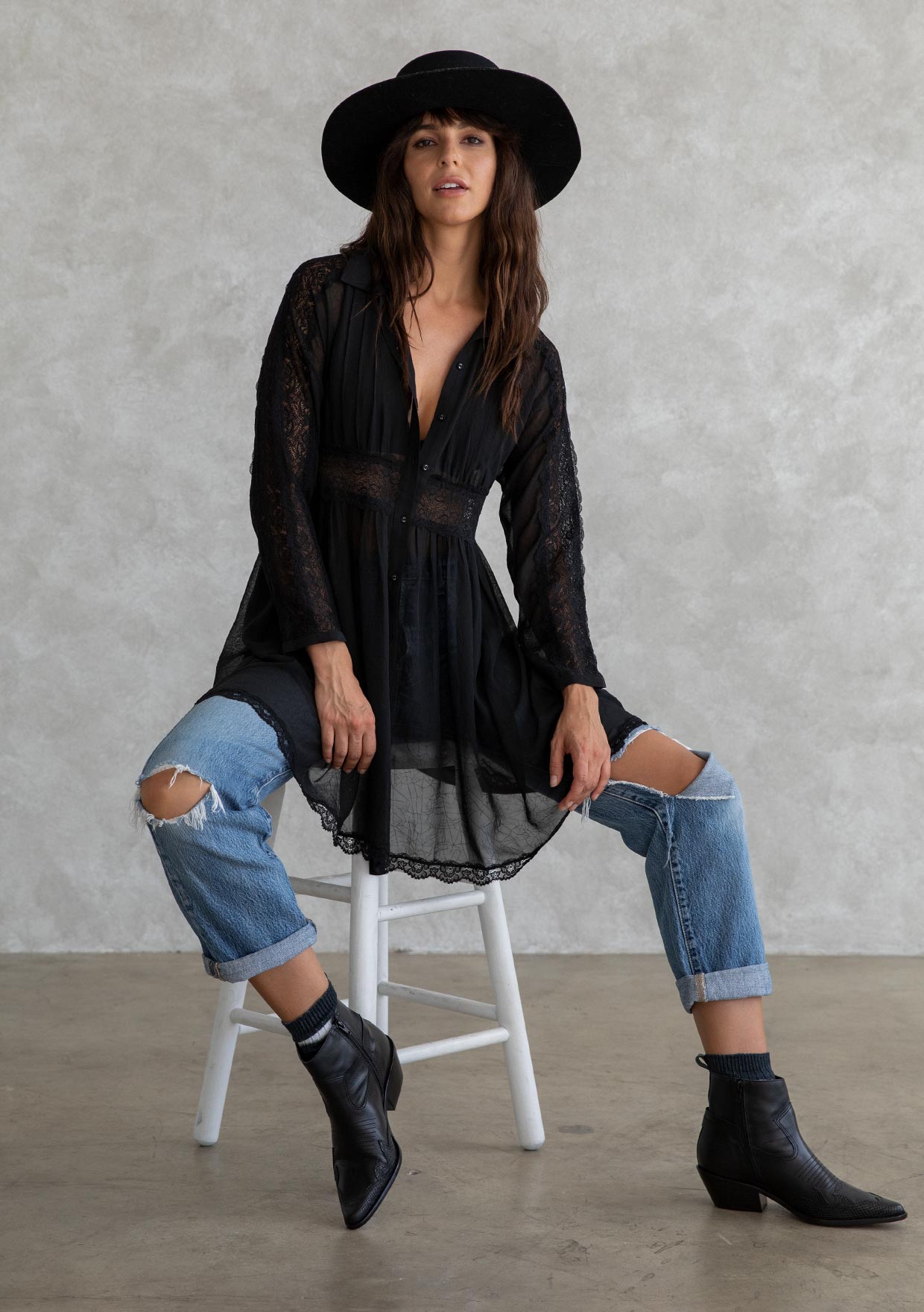 Bohemian Lace Detail Long Sleeve Collared Dress