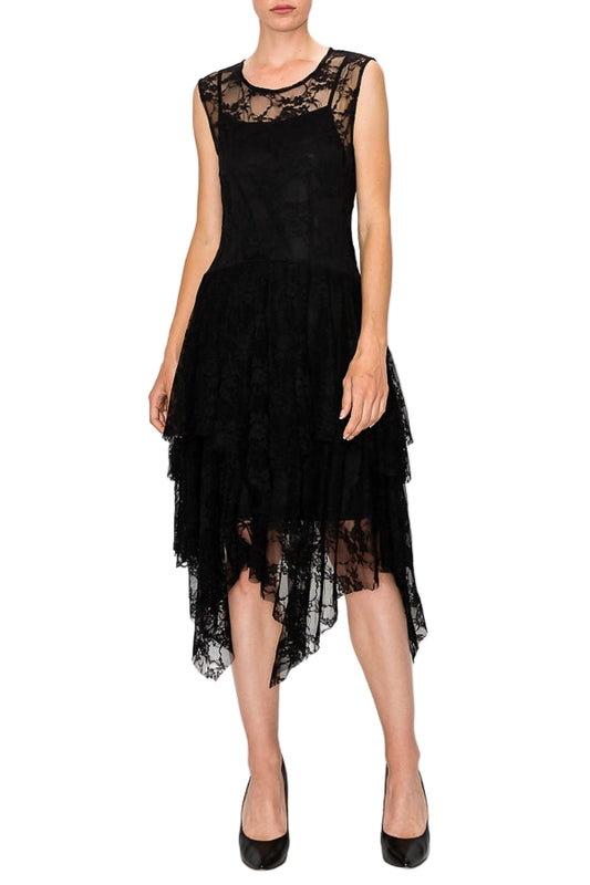 Little Black Dress Whimsical Sleeveless Lace Midi Dress with Unattached Slip - Ships Late September