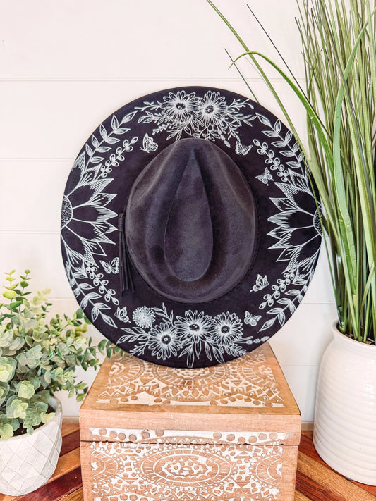Wild Floral Burned Hat, Floral Engraved Cowboy Hat, Sunflower Hat, Sunflower Burned Fedora, Engraved Suede Hat, Boho Hat, Vegan Suede