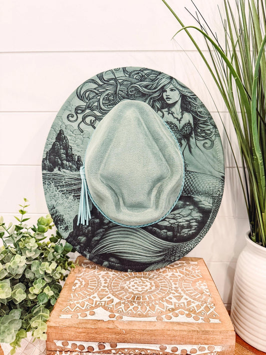 Mermaid Engrave Hat, Floral Engraved Cowboy Hat, Burned Fedora, Engraved Suede Hat, Boho Hat, Vegan Suede Cowboy Hat, Women's Cowboy Hat