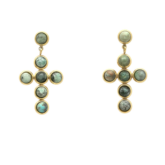 African Turquoise and Gold Cross Earrings