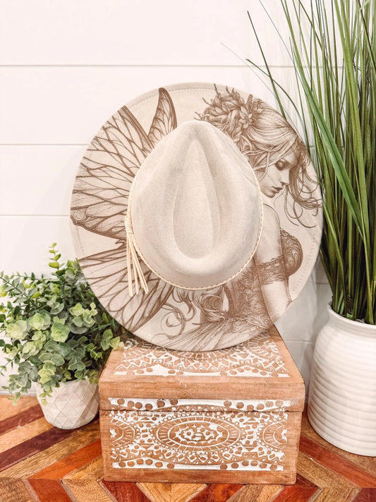 Fairy Burned Hat, Floral Engraved Cowboy Hat, Burned Fedora, Engraved Suede Hat, Boho Hat, Vegan Suede