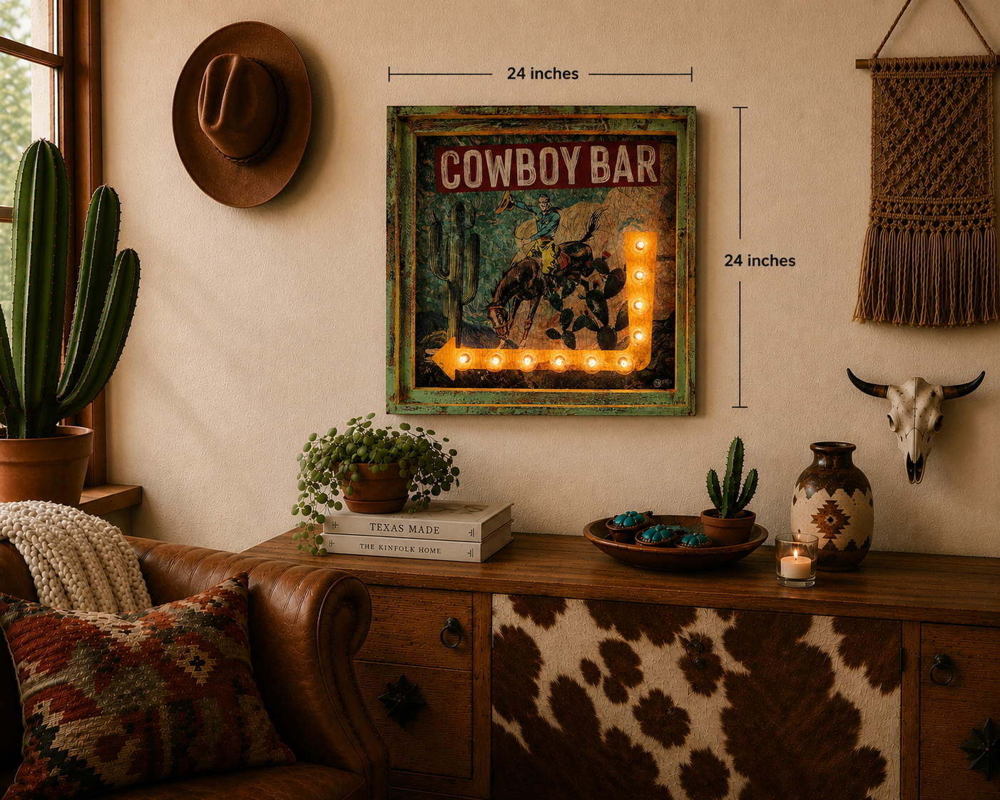Cowboy Bar - 24" Handmade Square Light Up Artwork