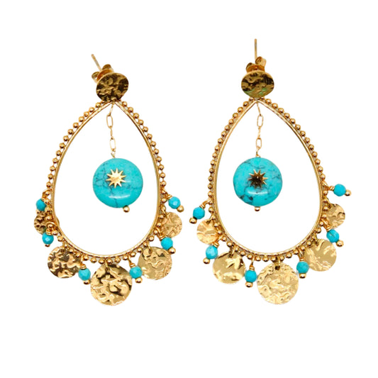 Turquoise Gold Dangle Hoop Earrings