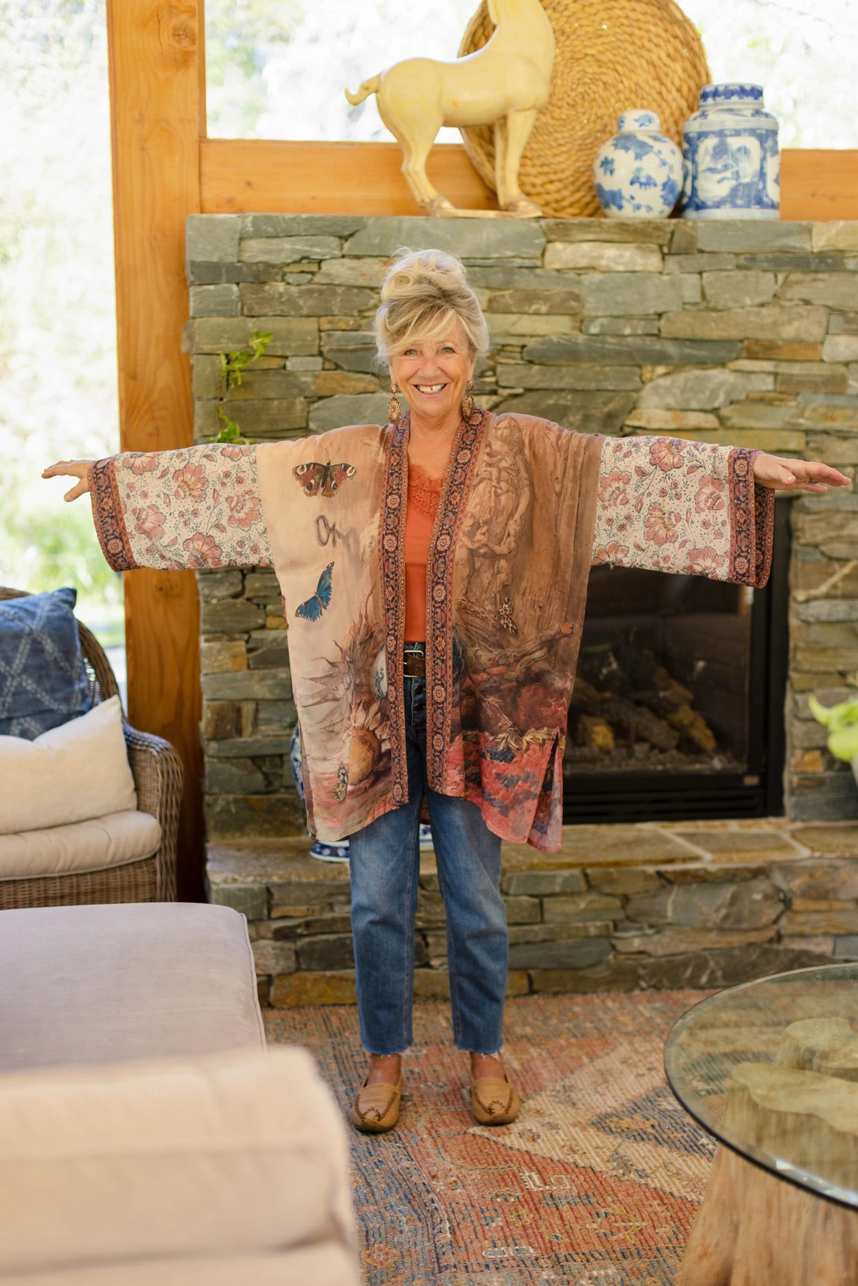 The Storyteller Matinée Duster Kimono With Sunflowers & Pottery