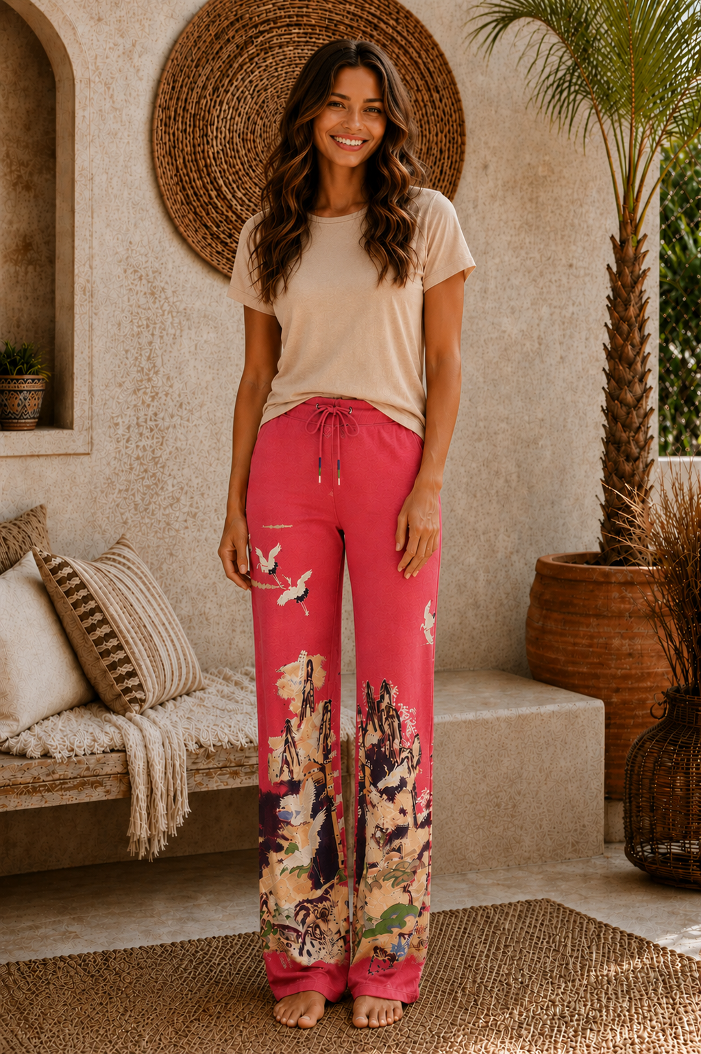 Paparazzi by Biz - Stretch Fit Crane Print Lounge Pant with Raw Hem