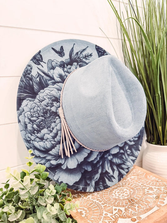 Peony Butterfly Engraved Hat, Floral Engraved Cowboy Hat, Burned Fedora, Engraved Suede Hat, Boho Hat, Vegan Suede Cowboy Hat