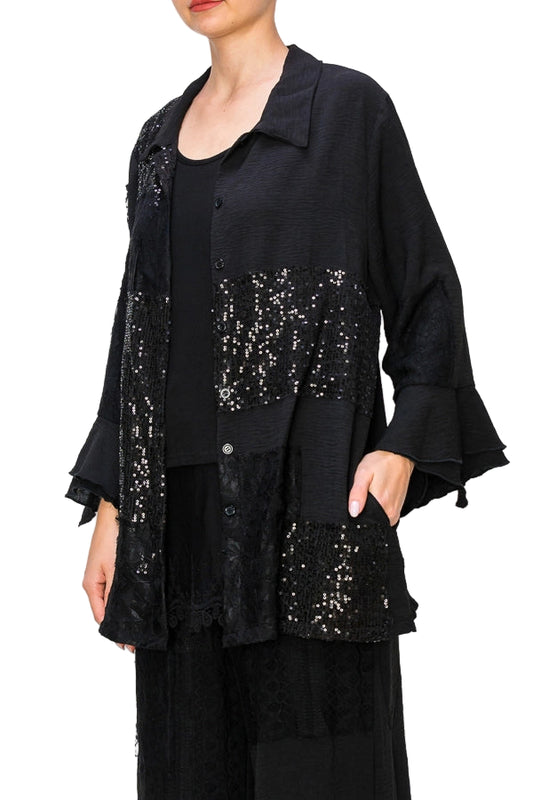 Lightweight Sequin and Lace Detailed Button Up Blouse - Ships Late September