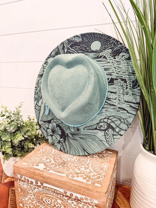 Mermaid Engraved Hat, Floral Engraved Cowboy Hat, Burned Fedora, Engraved Suede Hat, Boho Hat, Vegan Suede Cowboy Hat, Women's Cowboy Hat