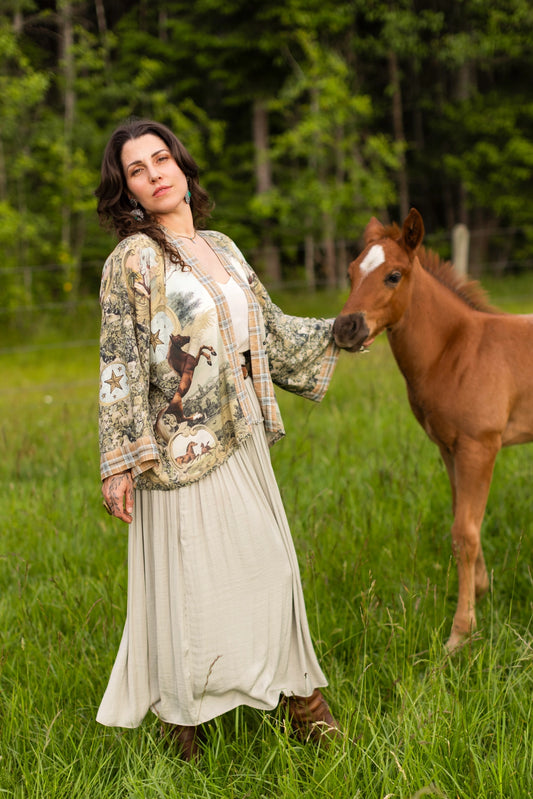 Born To Run Pixie Duster Crop Kimono Horse & Flower Print - Pre-Order - Ships In September