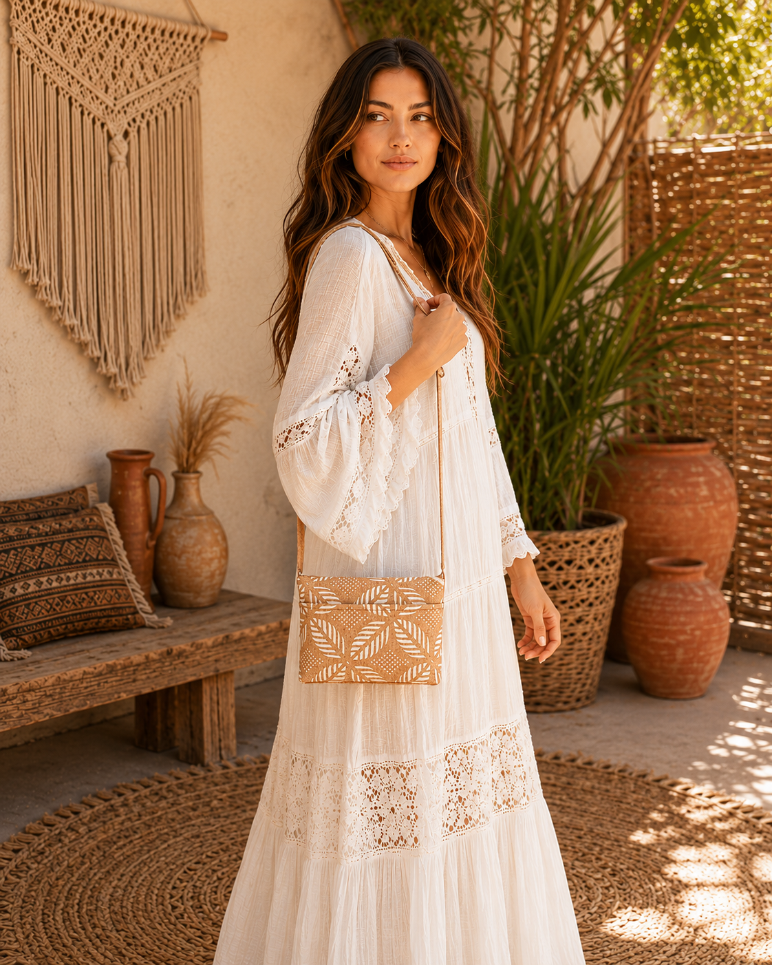 Cork Zip Top Cross Body Bag | Cream Palm Die Cut Cork