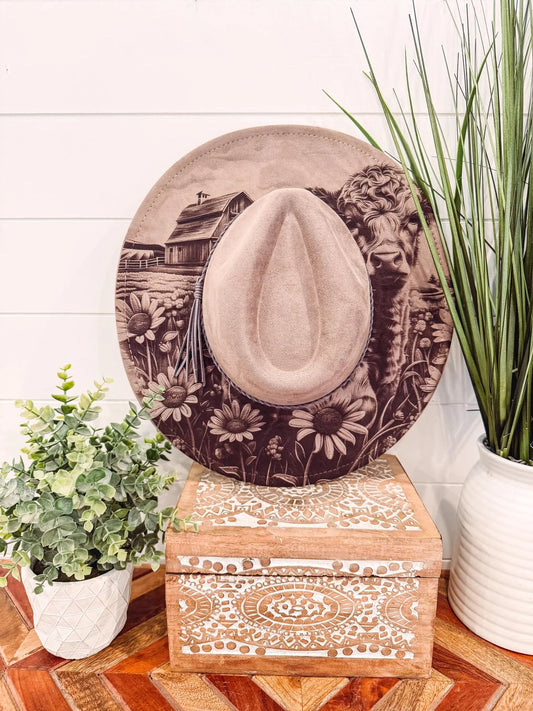 Engraved Highland Cow Hat, Floral Engraved Cowboy Hat, Sunflower Hat, Sunflower Burned Fedora, Engraved Suede Hat, Boho Hat, Vegan Suede (Copy)