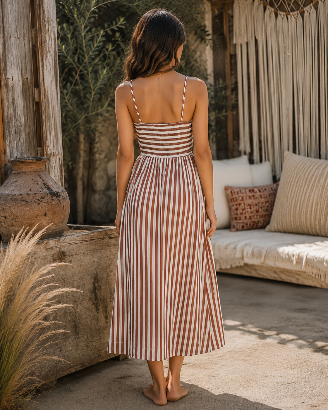 Striped Spaghetti Strap Maxi Dress Ruched A-Line Casual Summer Long Dress