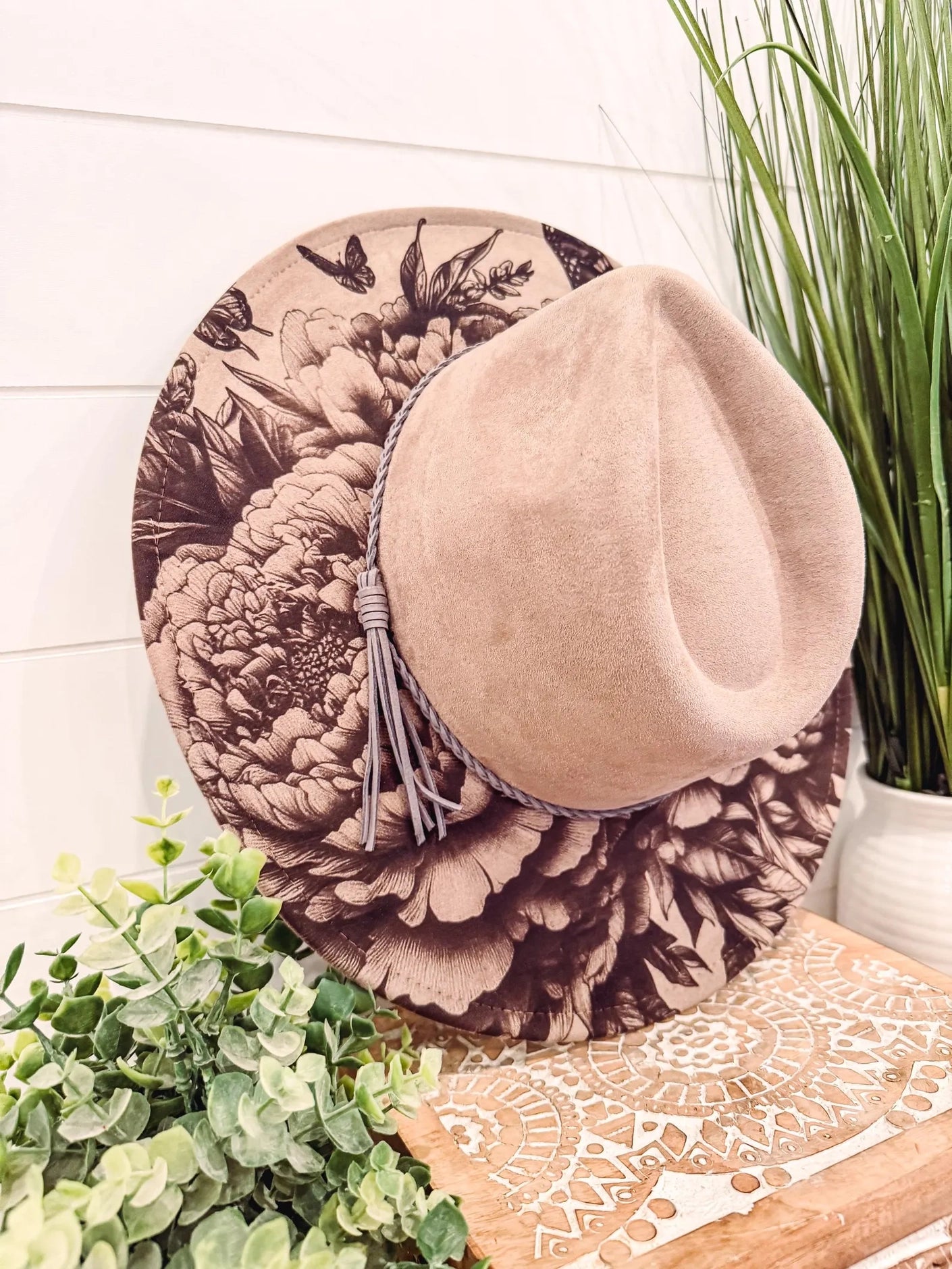 Peony Butterfly Engraved Hat, Floral Engraved Cowboy Hat, Burned Fedora, Engraved Suede Hat, Boho Hat, Vegan Suede Cowboy Hat