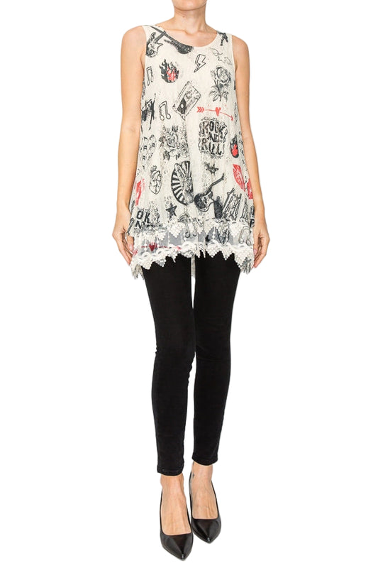 Rock And Roll Soft Relaxed Tank with Delicate Floral Laced Hem - Ships Late September