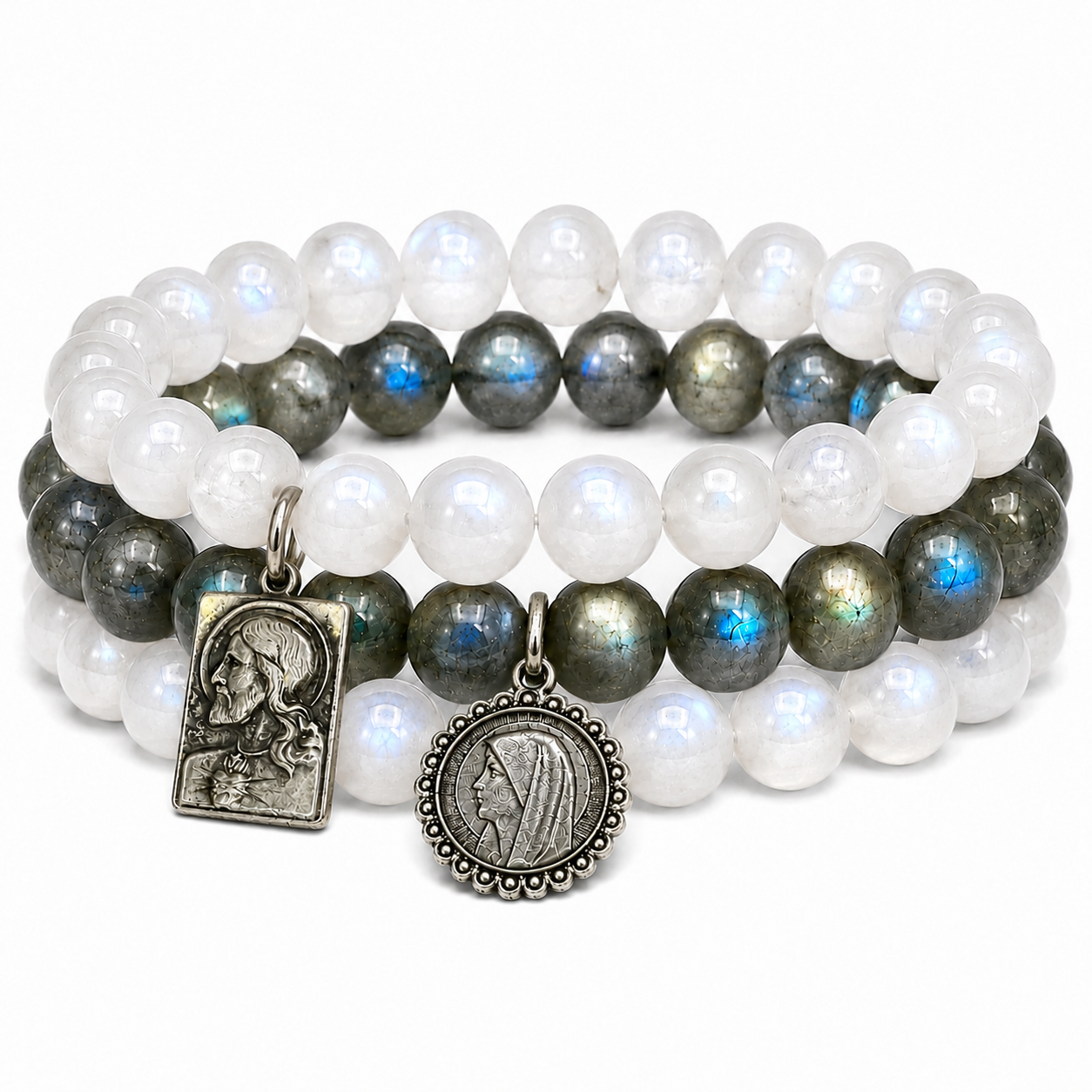 Jesus & Mary Moonstone & Labradorite Gemstone Bracelet Stack