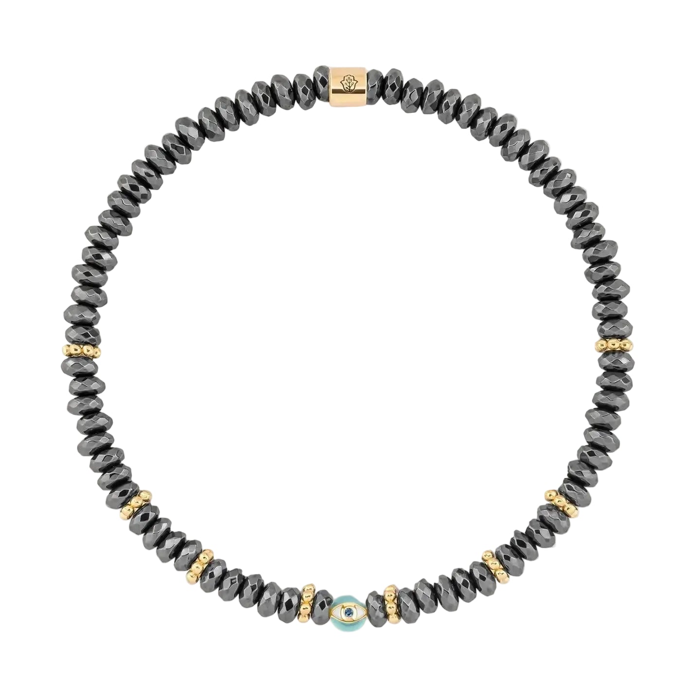 Karma and Luck Earth Guardian Hematite Evil Eye Bracelet — faceted hematite beads with gold accent beads and turquoise evil eye charm, handcrafted stretch bracelet | Bliss by Cori