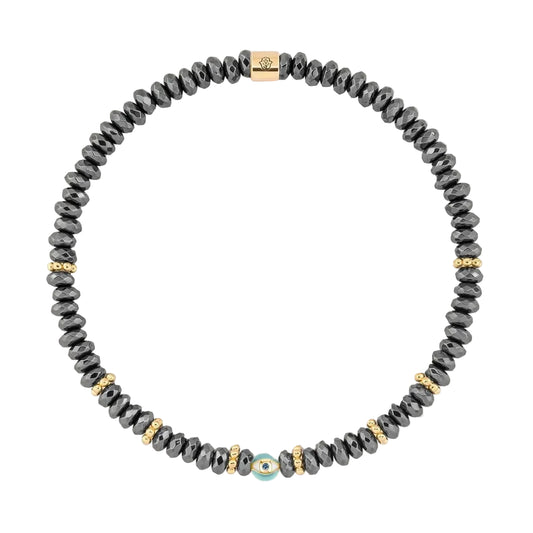 Karma and Luck Earth Guardian Hematite Evil Eye Bracelet — faceted hematite beads with gold accent beads and turquoise evil eye charm, handcrafted stretch bracelet | Bliss by Cori