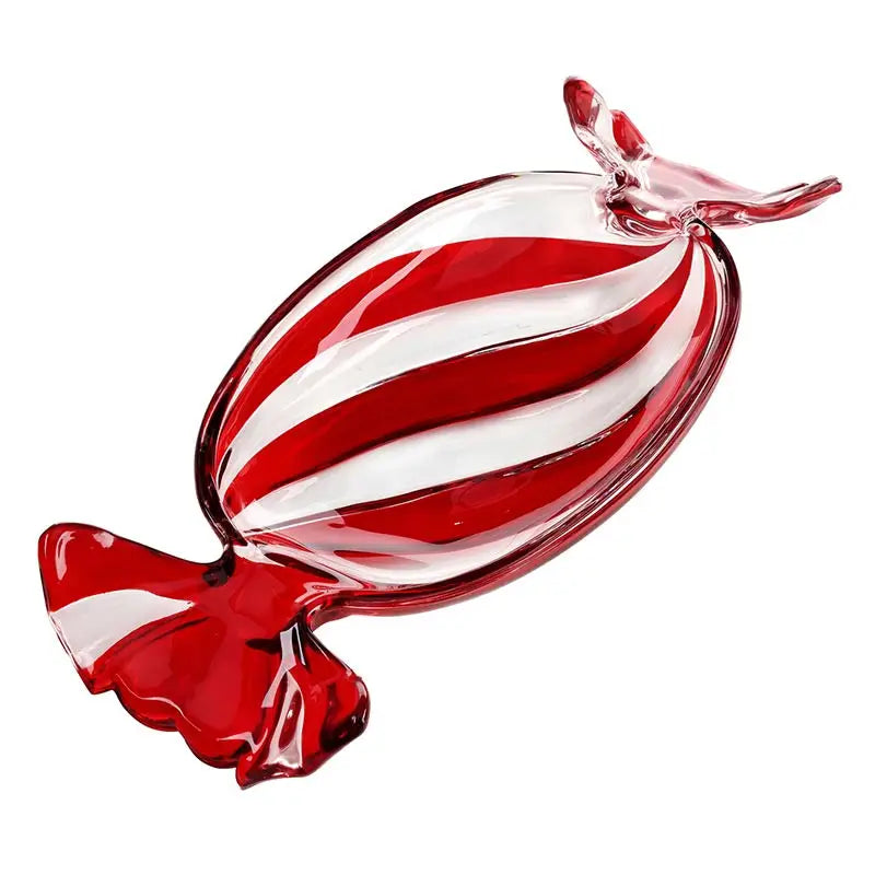 Large red and white peppermint swirl glass candy tray shaped like a wrapped peppermint candy on white background – Bliss by Cori
