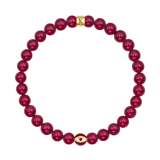 Karma and Luck Conscious Motivation Ruby Agate July Birthstone Evil Eye Bracelet — deep crimson ruby agate beads with gold evil eye charm and Karma and Luck signature clasp | Bliss by Cori