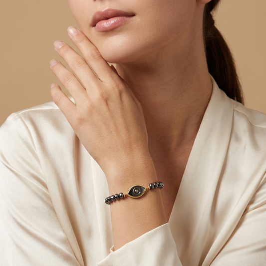 Karma and Luck Evil Eye Hematite & Aquamarine Gold Bracelet