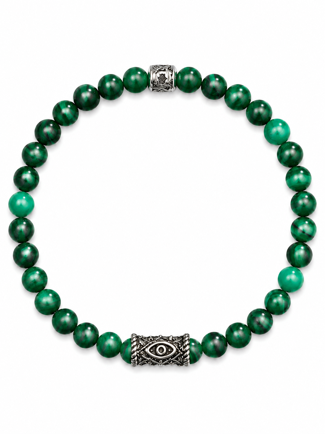 Karma and Luck Malachite Evil Eye Bracelet — natural green malachite beads with antique silver evil eye charm, handcrafted stretch bracelet | Bliss by Cori