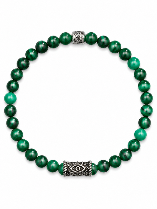 Karma and Luck Malachite Evil Eye Bracelet — natural green malachite beads with antique silver evil eye charm, handcrafted stretch bracelet | Bliss by Cori