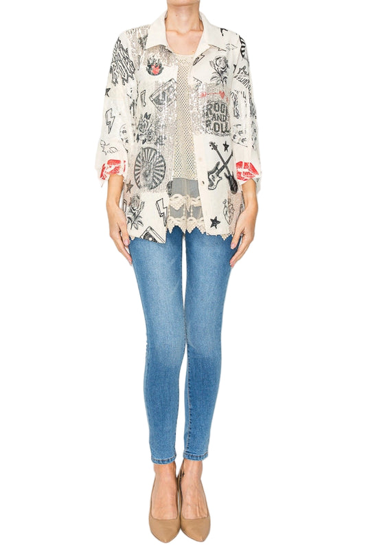 Rock And Roll Lightweight Sequin and Lace Detailed Button Up Blouse - Ships Late September