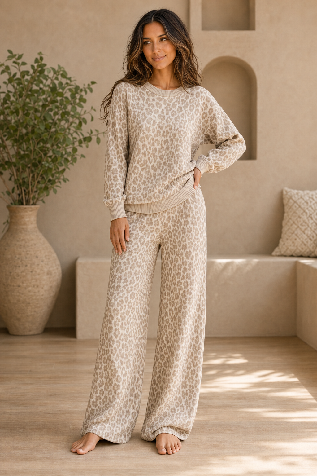 Relaxed crew neck leopard print sweatshirt in camel tan - women's boutique loungewear - Bliss by Cori