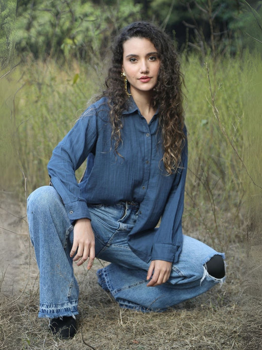 Boho Peace Sign Shirt in Denim Blue – Double Gauze Cotton