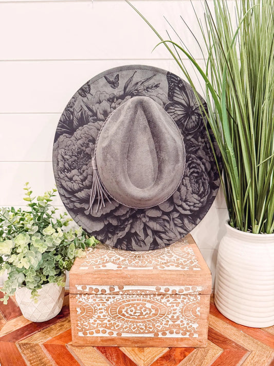Peony Butterfly Engraved Hat, Floral Engraved Cowboy Hat, Burned Fedora, Engraved Suede Hat, Boho Hat, Vegan Suede Cowboy Hat