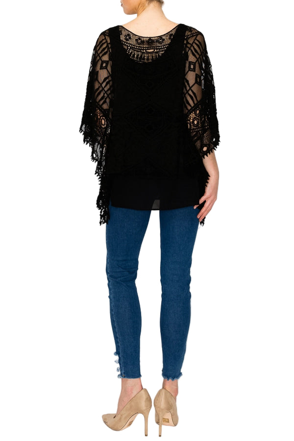 Black Crochet Poncho Top with Geometric Embroidered Details - Ships Late September