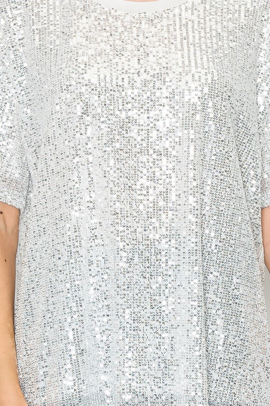 Sparkly Silver Sequins Lined Short Sleeve Top - Ships Late September