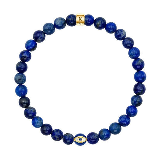 Karma and Luck Wise Guidance Lapis September Birthstone Evil Eye Bracelet — natural lapis lazuli beads with gold evil eye charm detail | Bliss by Cori