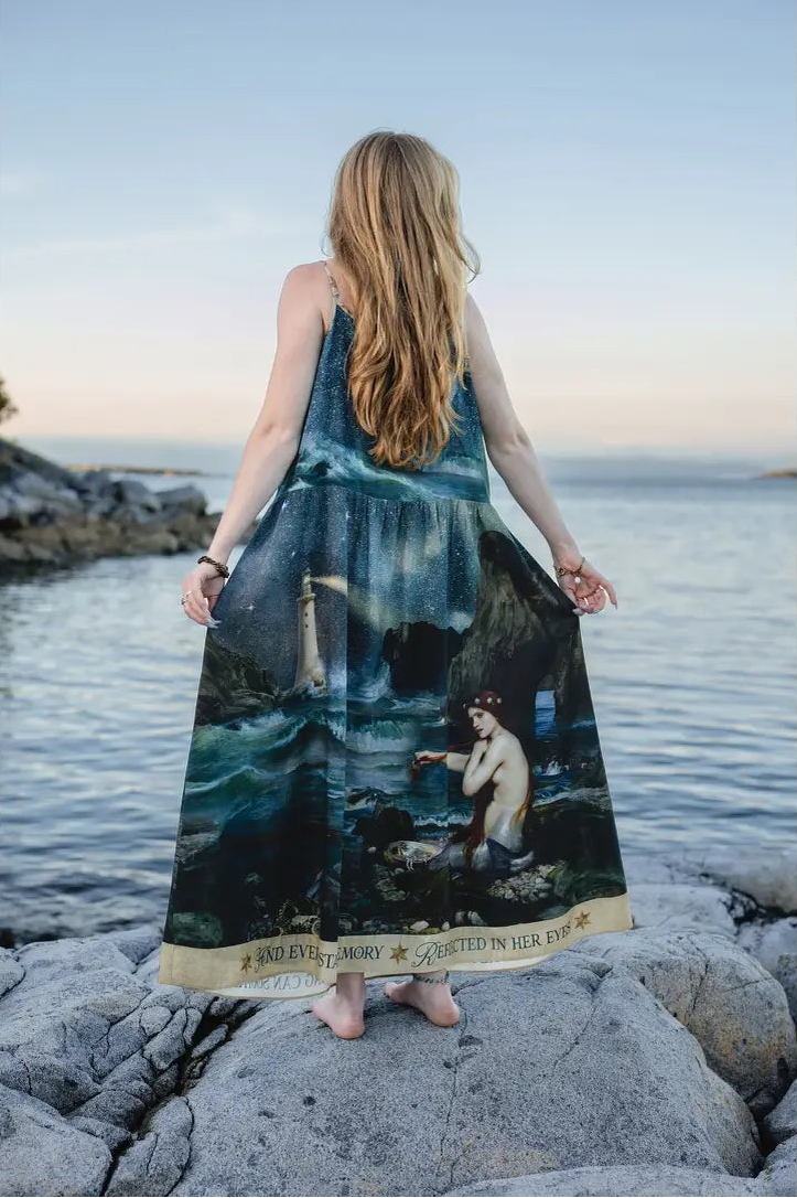 Full back view of the Siren Bohème maxi slip dress beside the sea | Bliss by Cori