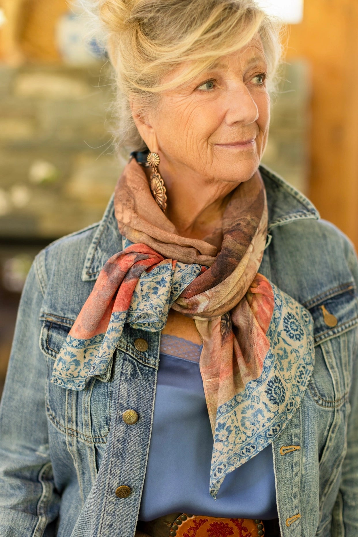 The Storyteller Scarf with Sunflowers and Pottery Print