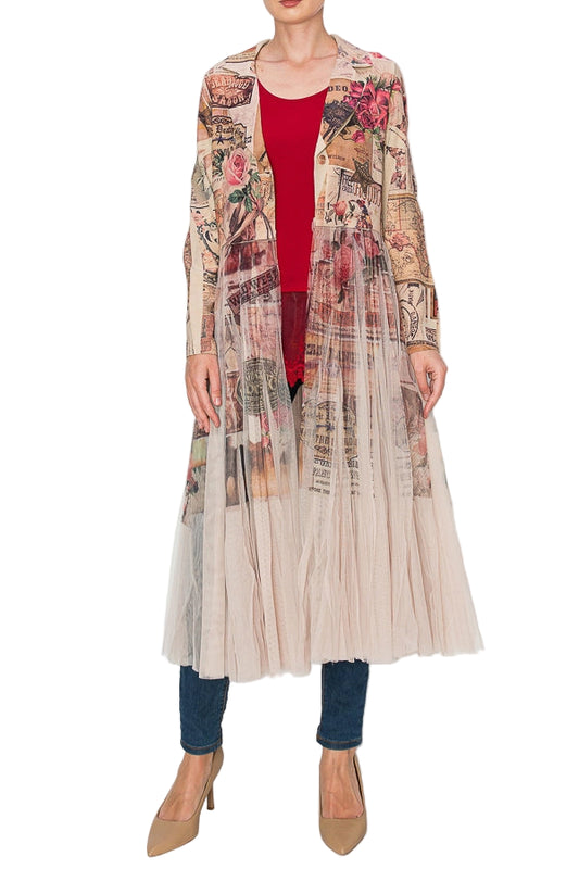 Rose West Chic Contrast Longline Blazer Jacket with Mesh Tulle Panel - Ships Late September