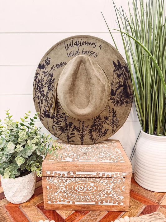 Engraved Wildflowers & Wild Horses Hat, Floral Engraved Cowboy Hat, Sunflower Hat, Sunflower Burned Fedora, Engraved Suede Hat, Boho Hat, Vegan Suede