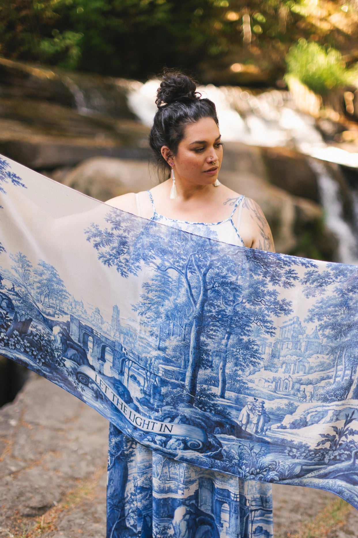 Let the Light in Bohemian Scarf With Blue Delft Toile Print