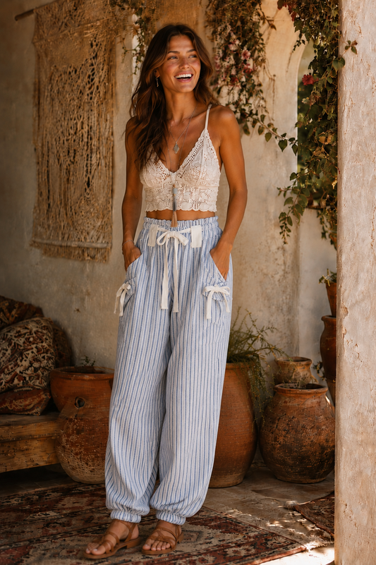 Bow Detail Stripe Textured Woven Pants *Pre Order* Ships August 2026