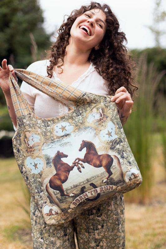 Born To Run Boho Linen Tote Bag Wild Horse & Floral Print - ONLY 2 LEFT!!!!!