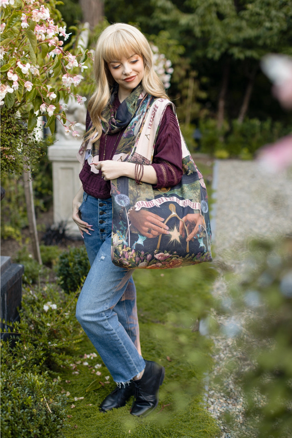 Market Of Stars Make A Wish Floral Boho Linen Tote Bag With Wishbone & Dandelion