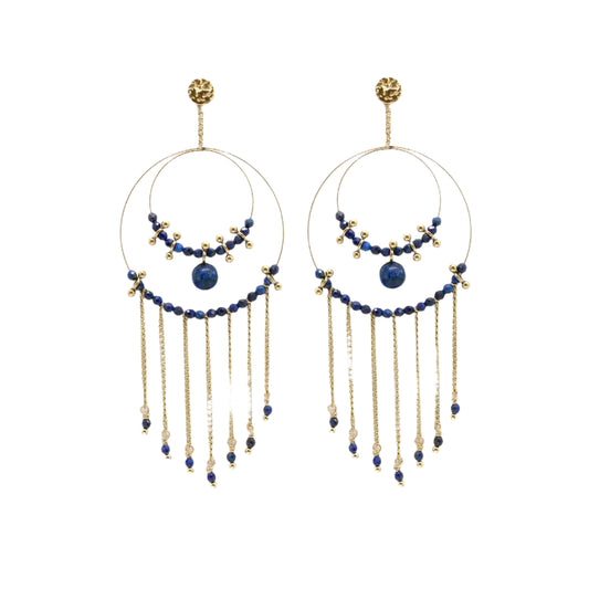 Unique Double Hoop Lapis Stone Metal Fringe Dangle Earrings