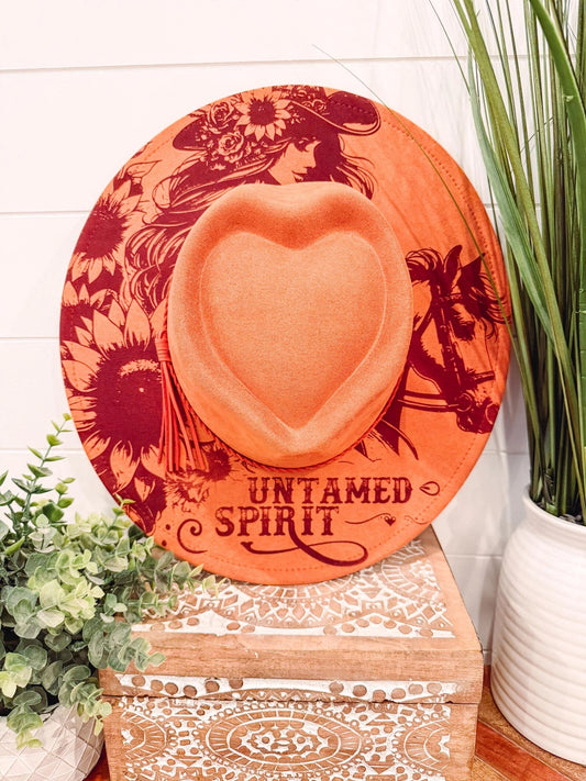 Untamed Spirit Engraved Heart Hat, Floral Engraved Cowboy Hat, Burned Fedora, Engraved Suede Hat, Boho Hat, Vegan Suede Cowboy Hat, Women's Cowboy Hat