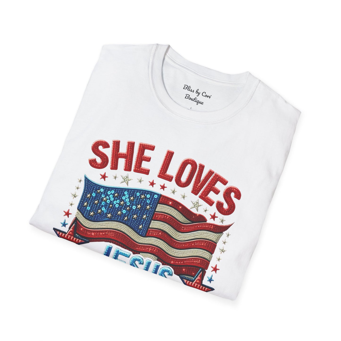 She Loves Jesus And America Too Faux Sequin Tee