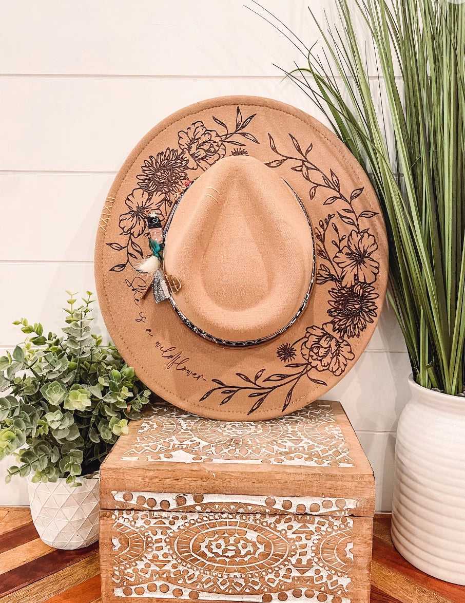 She Is A Wildflower Floral Burned Hat, Floral Engraved Cowboy Hat, Sunflower Hat, Sunflower Burned Fedora, Engraved Suede Hat, Boho Hat, Vegan Suede